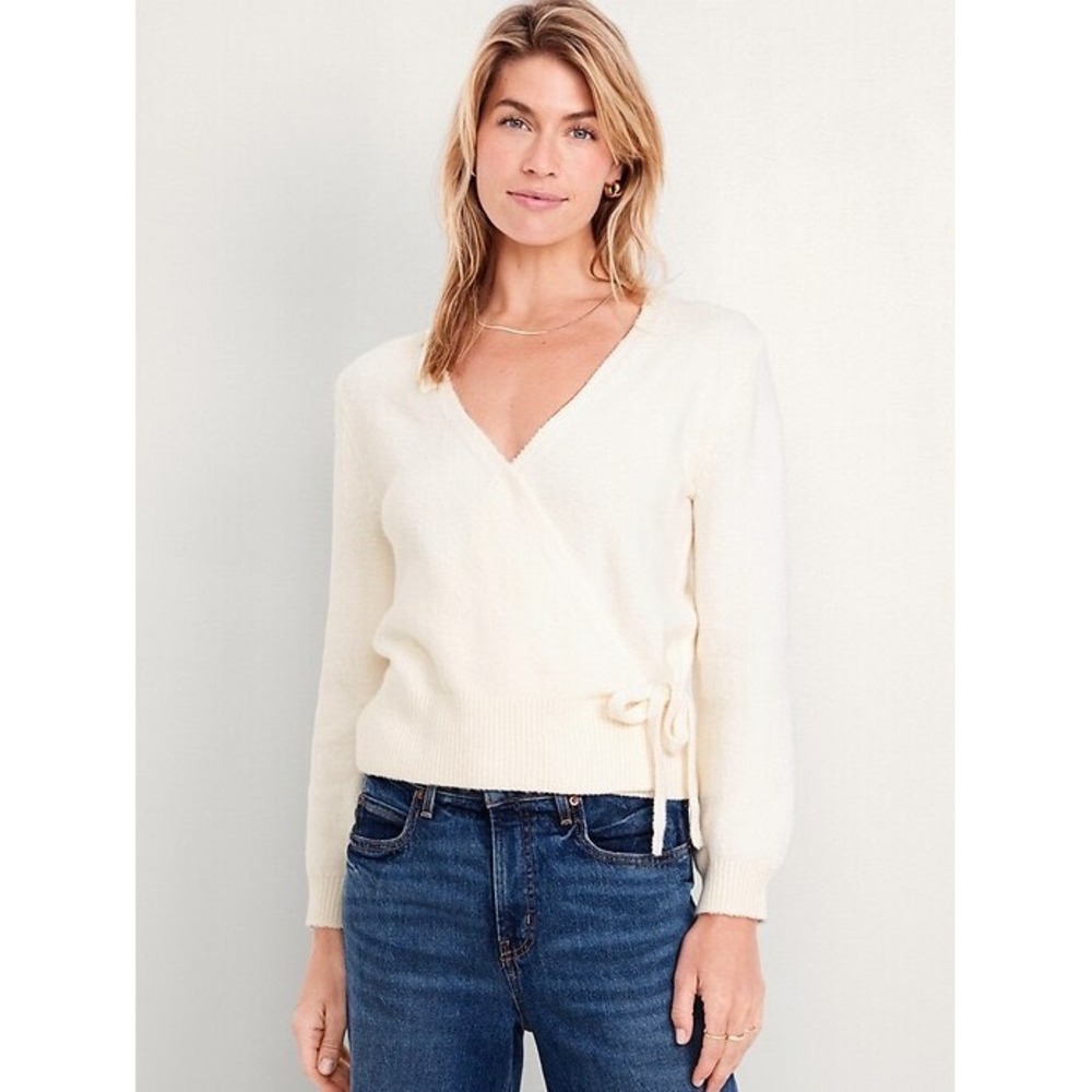 Old Navy SoSoft Wrap Sweater Womens S Creme De La Creme Tie Front Balletcore NWT